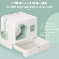 Weiss-grünes Katzenklo mit Schaufel, Schublade und Deodorant, für eine umfassende Hygiene und einfache Wartung.