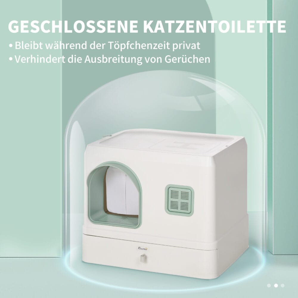 Weiss-grünes Katzenklo mit Schaufel, Schublade und Deodorant, für eine umfassende Hygiene und einfache Wartung.