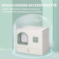 Weiss-grünes Katzenklo mit Schaufel, Schublade und Deodorant, für eine umfassende Hygiene und einfache Wartung.
