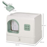 Weiss-grünes Katzenklo mit Schaufel, Schublade und Deodorant, für eine umfassende Hygiene und einfache Wartung.