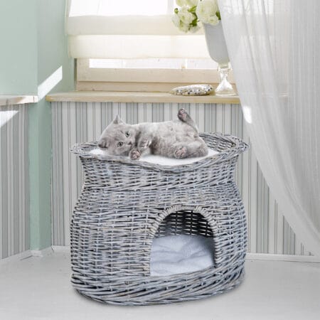 Grauer Katzenkorb mit Kissen, ein schlichter und bequemer Rückzugsort für Ihre Katze.