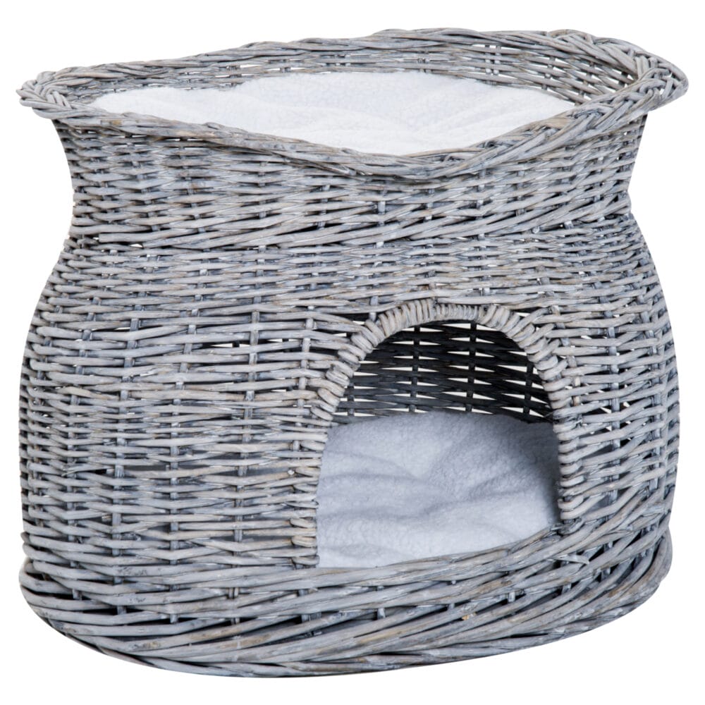 Grauer Katzenkorb mit Kissen, ein schlichter und bequemer Rückzugsort für Ihre Katze.