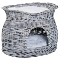 Grauer Katzenkorb mit Kissen, ein schlichter und bequemer Rückzugsort für Ihre Katze.
