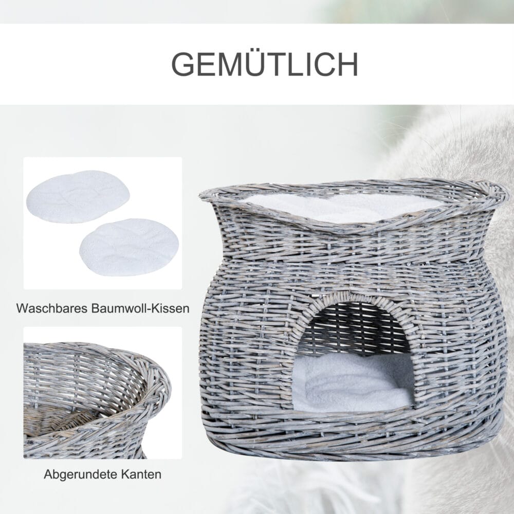 Grauer Katzenkorb mit Kissen, ein schlichter und bequemer Rückzugsort für Ihre Katze.