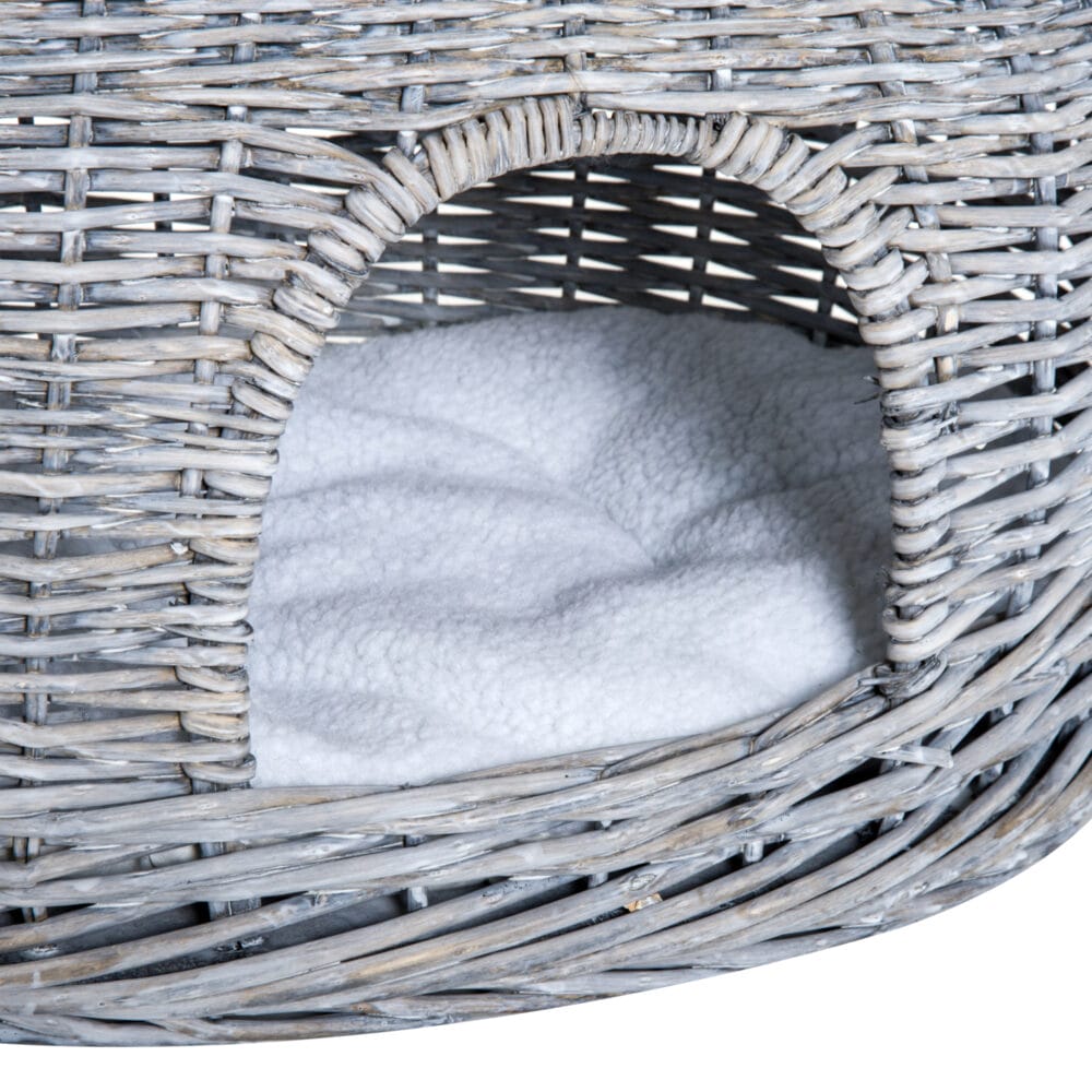 Grauer Katzenkorb mit Kissen, ein schlichter und bequemer Rückzugsort für Ihre Katze.