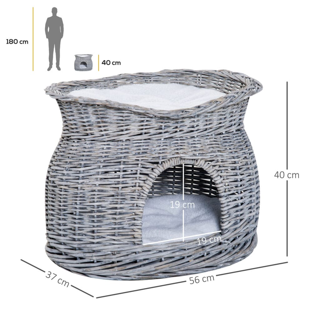 Grauer Katzenkorb mit Kissen, ein schlichter und bequemer Rückzugsort für Ihre Katze.