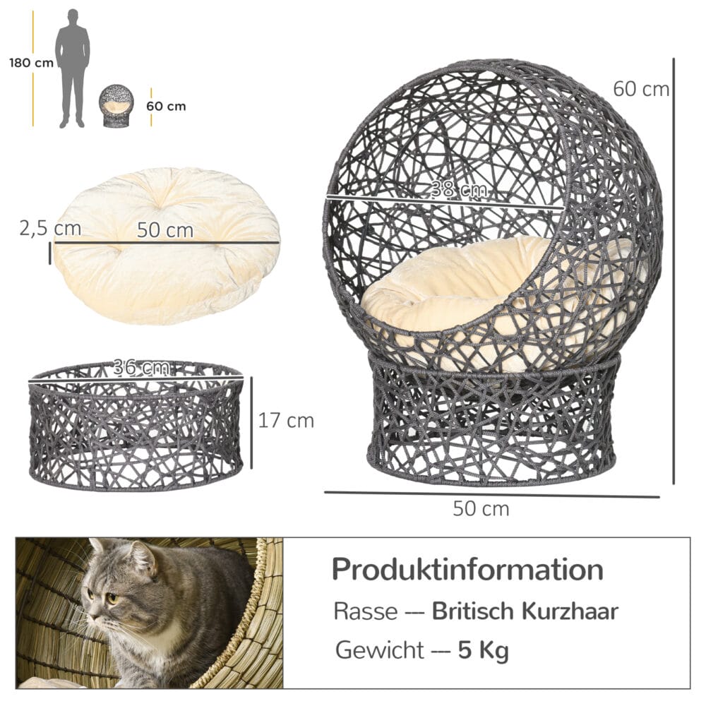 Violett-cremeweisser Katzenkorb mit Kissen, stilvoll und gemütlich, bietet Ihrer Katze einen komfortablen Schlafplatz.