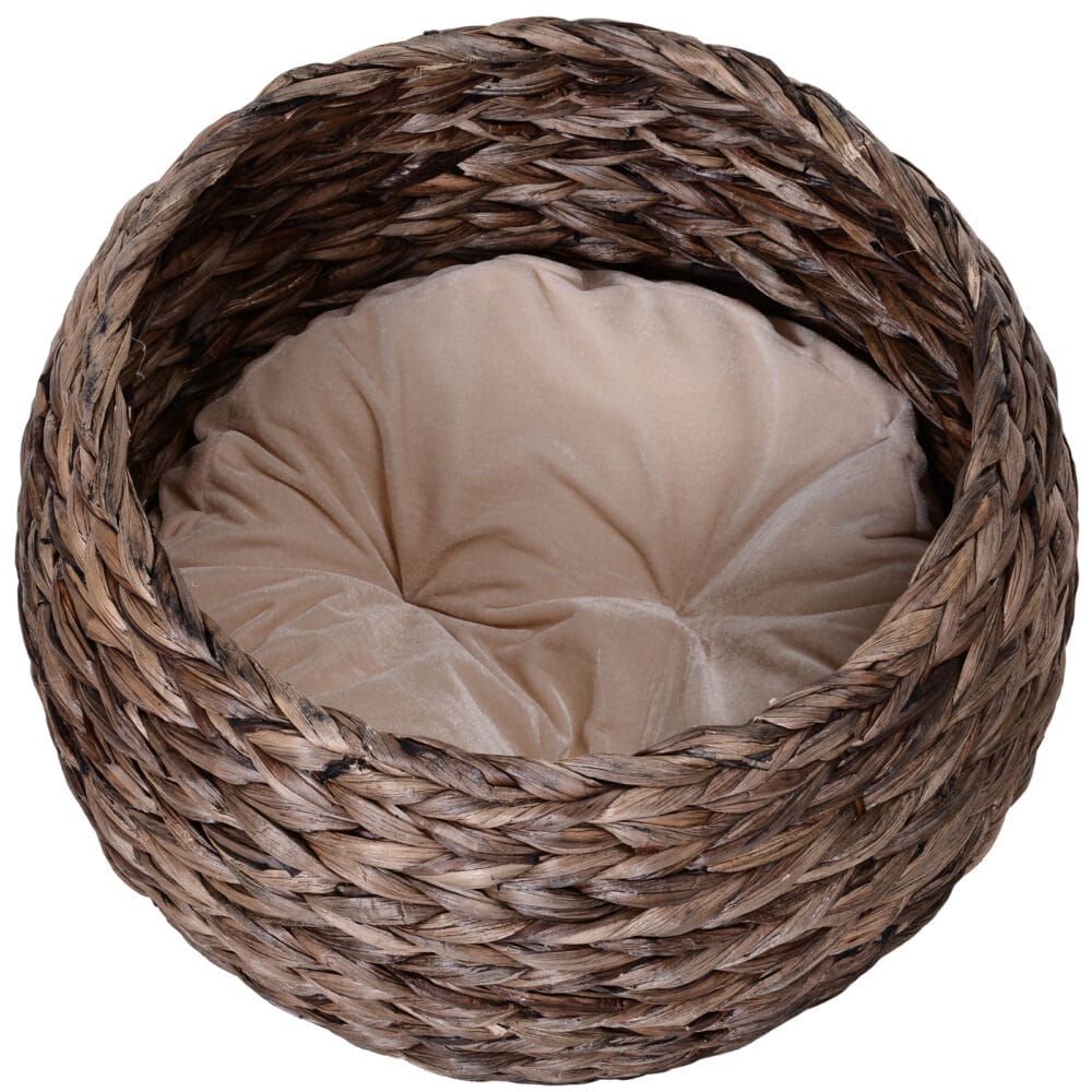 Dunkelbrauner Katzenkorb aus Rattan, gemütlich, stilvoll und robust, ein perfekter Schlafplatz für Katzen.
