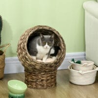 Dunkelbrauner Katzenkorb aus Rattan mit Kissen aus Wasserhyazinthe, bietet eine natürliche und bequeme Schlafgelegenheit.