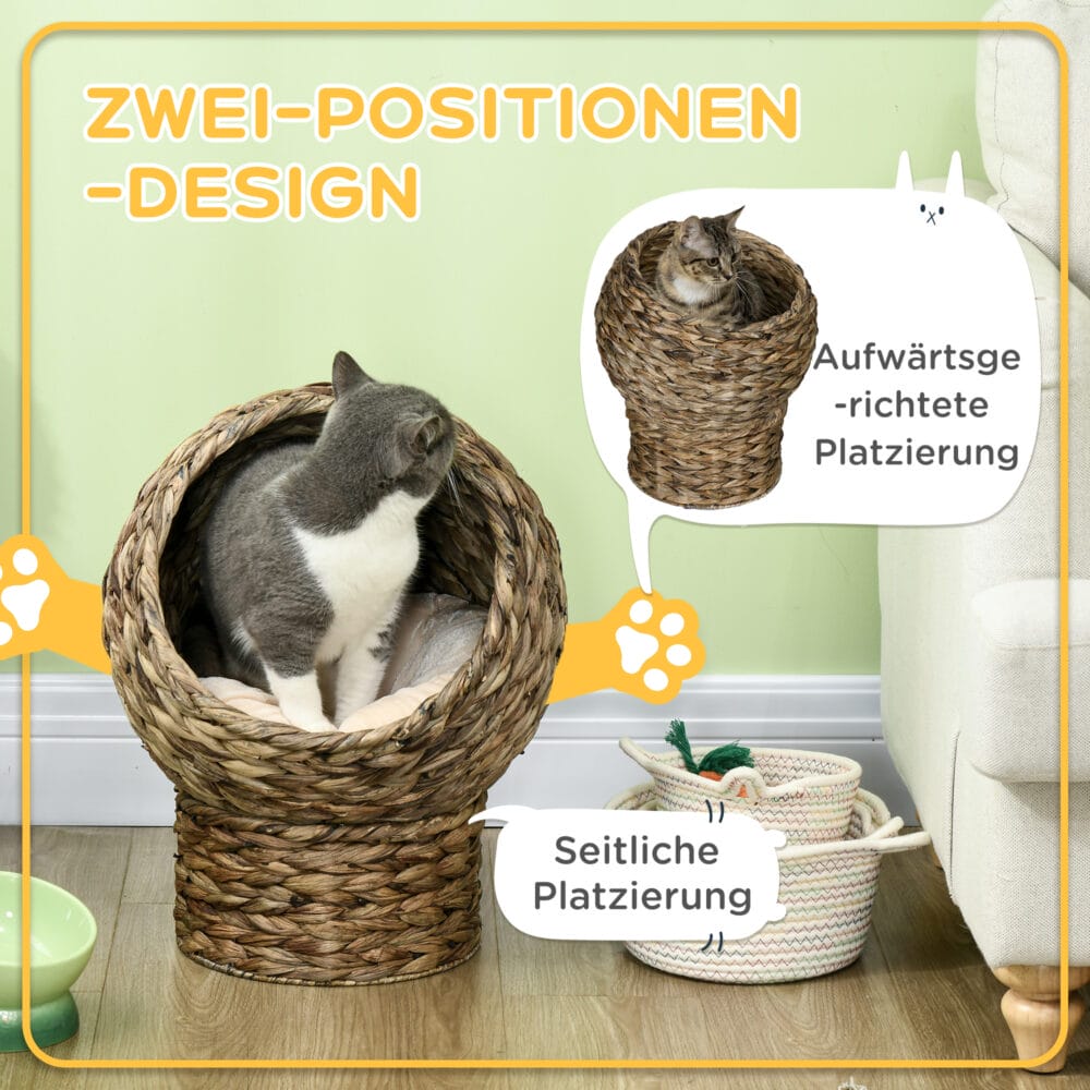 Dunkelbrauner Katzenkorb aus Rattan mit Kissen aus Wasserhyazinthe, bietet eine natürliche und bequeme Schlafgelegenheit.
