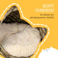 Dunkelbrauner Katzenkorb aus Rattan mit Kissen aus Wasserhyazinthe, bietet eine natürliche und bequeme Schlafgelegenheit.