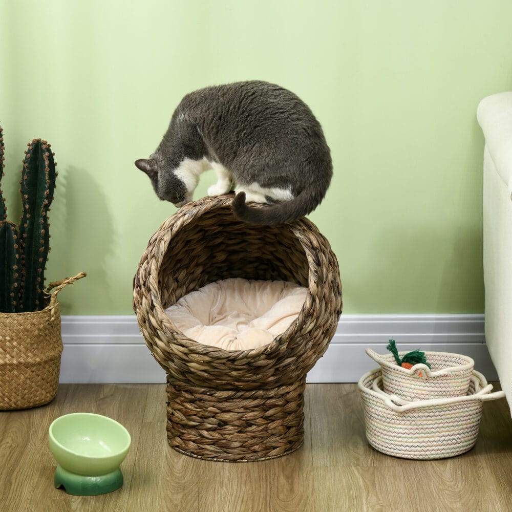 Dunkelbrauner Katzenkorb aus Rattan mit Kissen aus Wasserhyazinthe, bietet eine natürliche und bequeme Schlafgelegenheit.