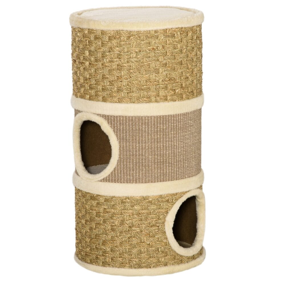 Kratzbaum für Katzen mit 3 Ebenen aus Sisal und Plüsch, bietet Abwechslung zum Kratzen, Klettern und Ruhen.