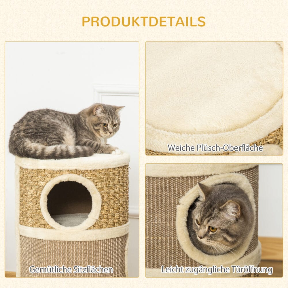 Kratzbaum für Katzen mit 3 Ebenen aus Sisal und Plüsch, bietet Abwechslung zum Kratzen, Klettern und Ruhen.