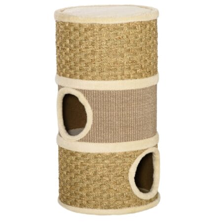 Kratzbaum für Katzen mit 3 Ebenen aus Sisal und Plüsch, bietet Abwechslung zum Kratzen, Klettern und Ruhen.