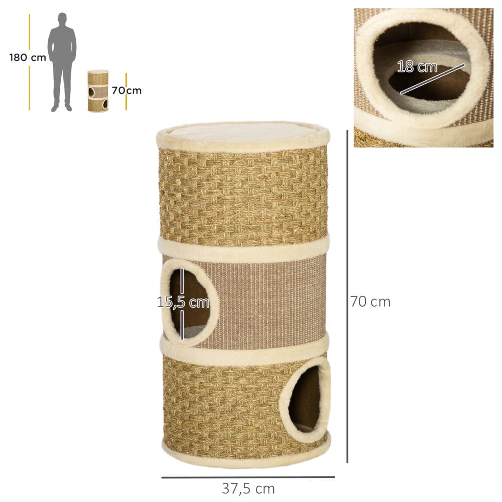 Kratzbaum für Katzen mit 3 Ebenen aus Sisal und Plüsch, bietet Abwechslung zum Kratzen, Klettern und Ruhen.