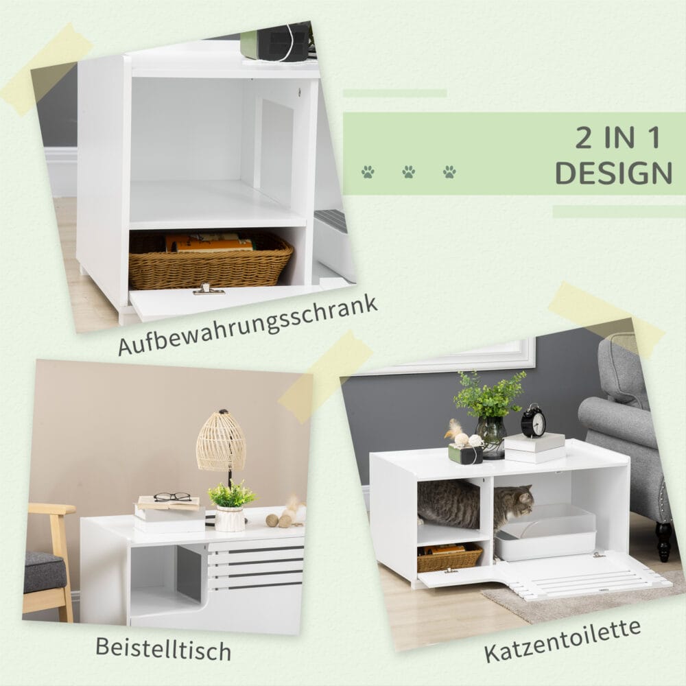 Weisser praktischer und stilvoller Katzenschrank mit Magnettür, verbirgt die Katzentoilette diskret.