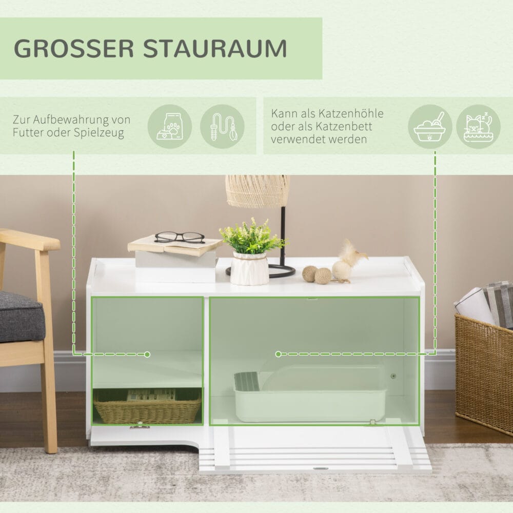Weisser praktischer und stilvoller Katzenschrank mit Magnettür, verbirgt die Katzentoilette diskret.