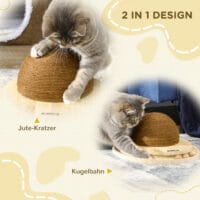 Naturfarbenes 2-in-1 Katzenspielzeug mit Kratzbrett und Kugelbahn.