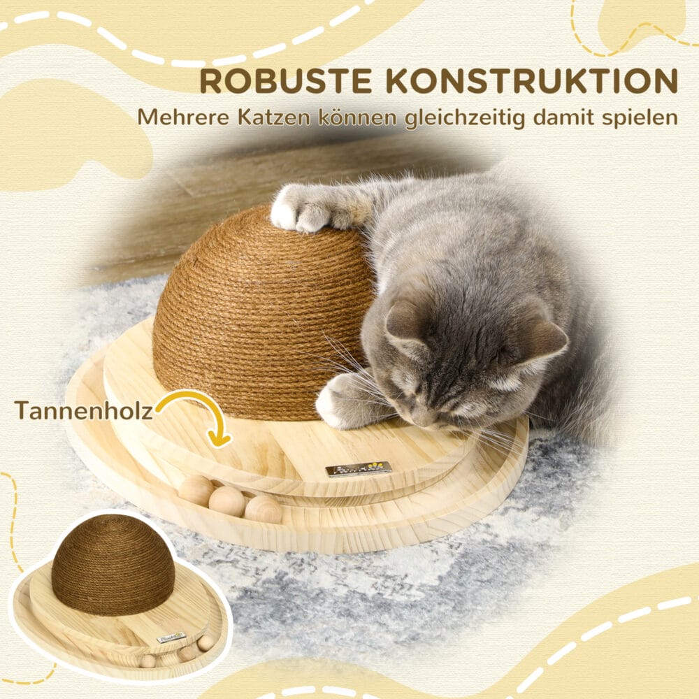 Naturfarbenes 2-in-1 Katzenspielzeug mit Kratzbrett und Kugelbahn.