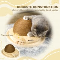 Naturfarbenes 2-in-1 Katzenspielzeug mit Kratzbrett und Kugelbahn.