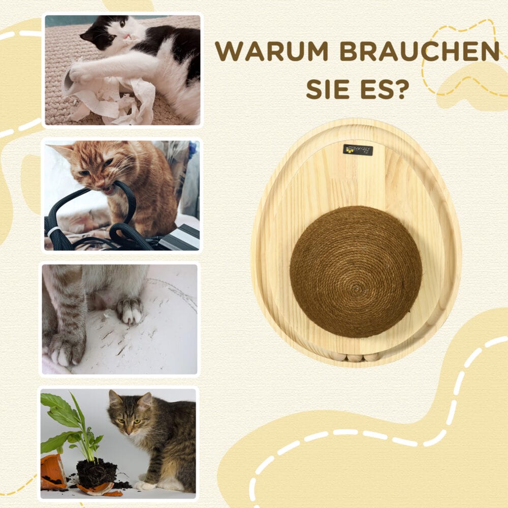 Naturfarbenes 2-in-1 Katzenspielzeug mit Kratzbrett und Kugelbahn.