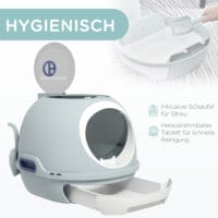 Blaue Katzentoilette mit praktischem Dachfenster, für einfache Reinigung und Belüftung.