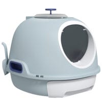 Blaue Katzentoilette mit praktischem Dachfenster, für einfache Reinigung und Belüftung.