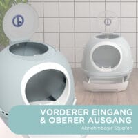 Blaue Katzentoilette mit praktischem Dachfenster, für einfache Reinigung und Belüftung.