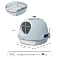 Blaue Katzentoilette mit praktischem Dachfenster, für einfache Reinigung und Belüftung.