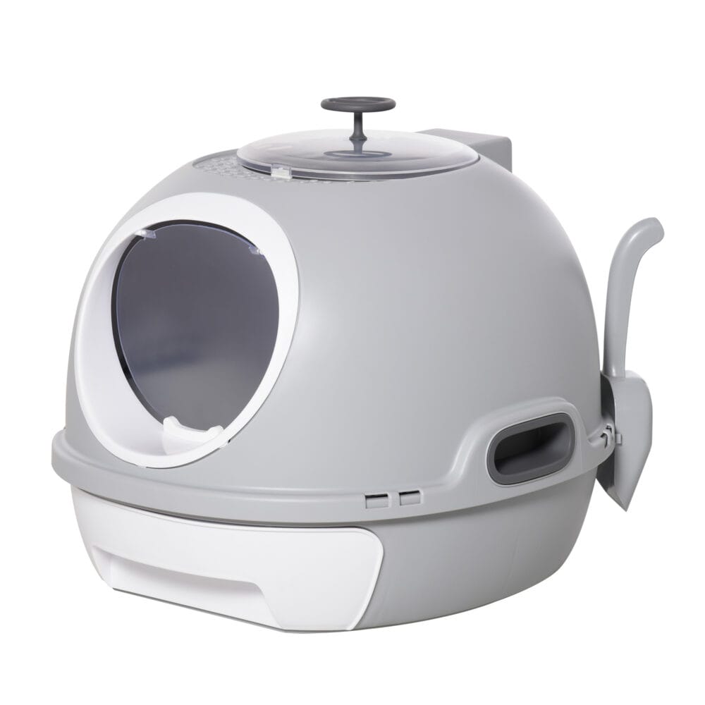 Graue tragbare Katzentoilette mit Dachfenster, ideal für Reisen oder flexible Platzierung.