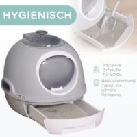 Graue tragbare Katzentoilette mit Dachfenster, ideal für Reisen oder flexible Platzierung.