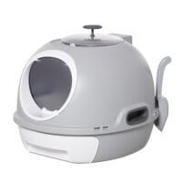 Graue tragbare Katzentoilette mit Dachfenster, ideal für Reisen oder flexible Platzierung.