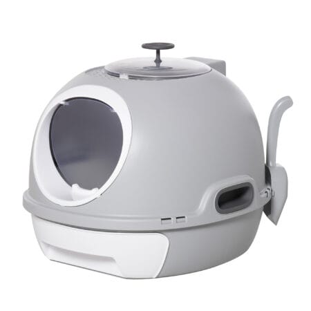 Graue tragbare Katzentoilette mit Dachfenster, ideal für Reisen oder flexible Platzierung.