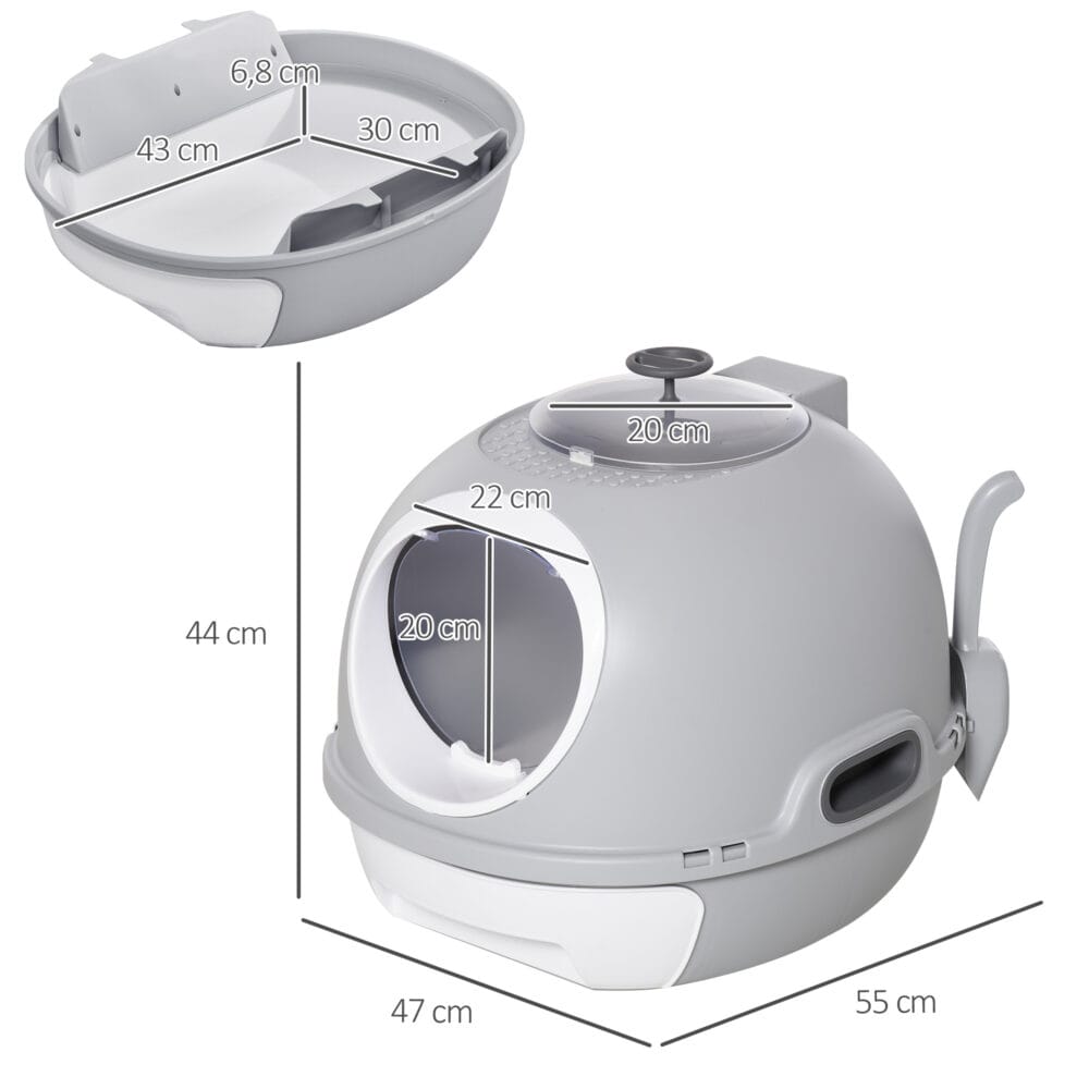 Graue tragbare Katzentoilette mit Dachfenster, ideal für Reisen oder flexible Platzierung.