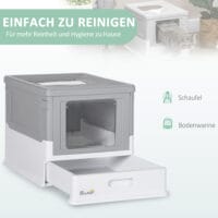 Graue Katzentoilette mit Deckel, praktisch und hygienisch, hält Gerüche im Zaum.