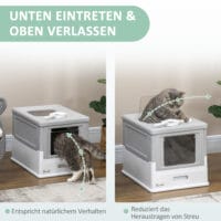 Graue Katzentoilette mit Deckel, praktisch und hygienisch, hält Gerüche im Zaum.