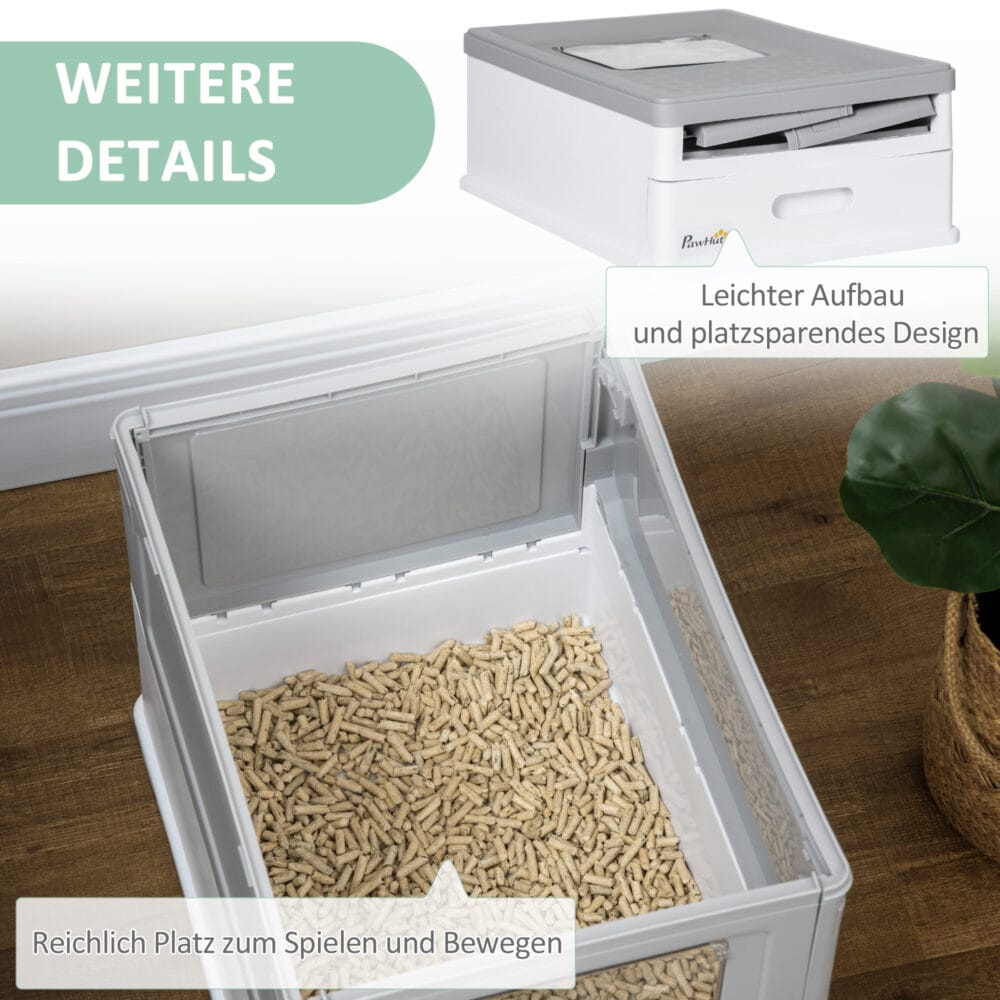 Graue Katzentoilette mit Deckel, praktisch und hygienisch, hält Gerüche im Zaum.
