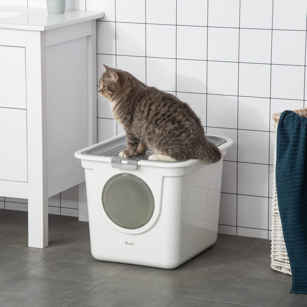Grau-weisse Katzentoilette mit Deckel, ideal für kleine Katzen, bietet Hygiene und Privatsphäre.