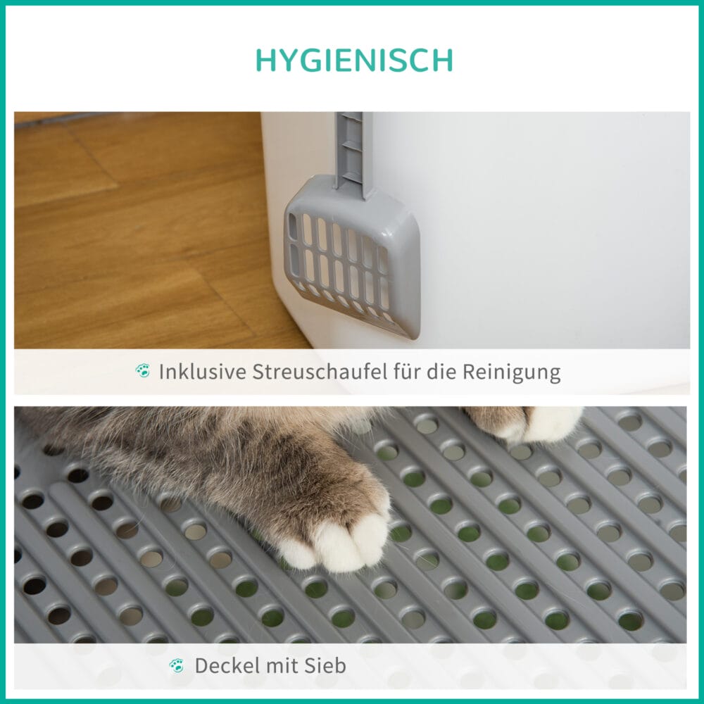 Grau-weisse Katzentoilette mit Deckel, ideal für kleine Katzen, bietet Hygiene und Privatsphäre.