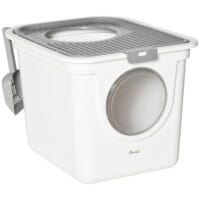 Grau-weisse Katzentoilette mit Deckel, ideal für kleine Katzen, bietet Hygiene und Privatsphäre.