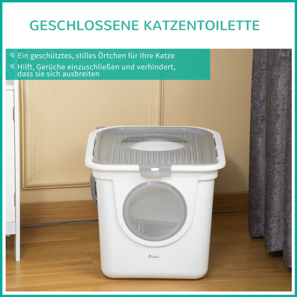 Grau-weisse Katzentoilette mit Deckel, ideal für kleine Katzen, bietet Hygiene und Privatsphäre.