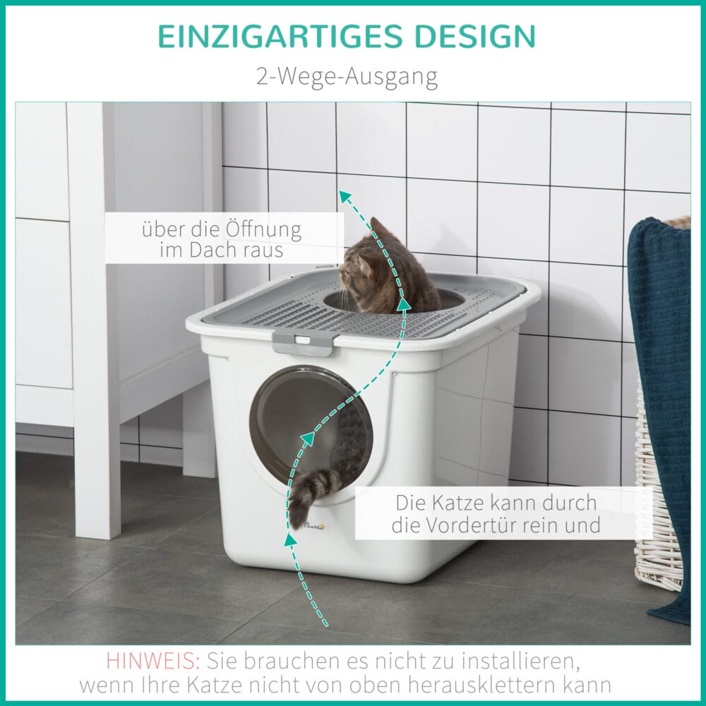 Grau-weisse Katzentoilette mit Deckel, ideal für kleine Katzen, bietet Hygiene und Privatsphäre.