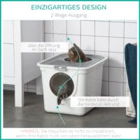 Grau-weisse Katzentoilette mit Deckel, ideal für kleine Katzen, bietet Hygiene und Privatsphäre.