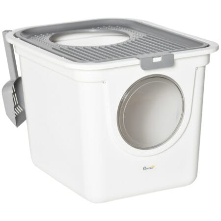 Grau-weisse Katzentoilette mit Deckel, ideal für kleine Katzen, bietet Hygiene und Privatsphäre.