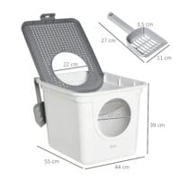 Grau-weisse Katzentoilette mit Deckel, ideal für kleine Katzen, bietet Hygiene und Privatsphäre.