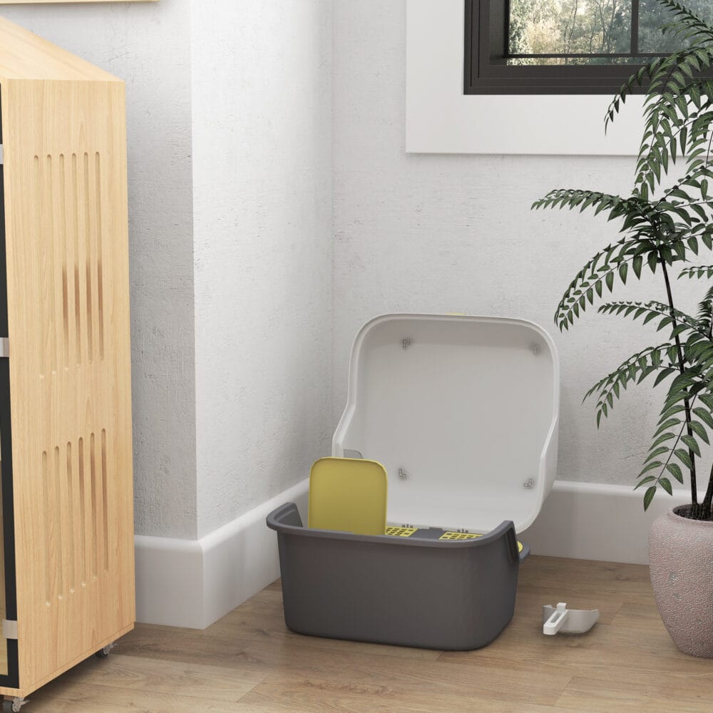 Cremeweisse Katzentoilette mit Deckel und Sieb, für Katzen bis 3.5kg.