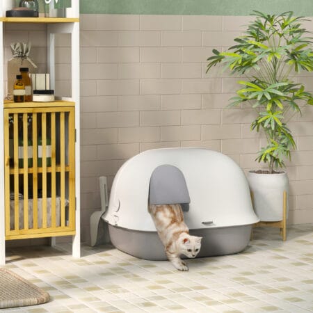Hellgraue Katzentoilette mit Deckel und Sieb, für Katzen bis 3.5kg.