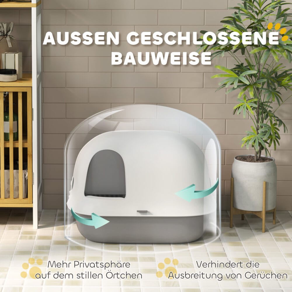 Hellgraue Katzentoilette mit Deckel und Sieb, für Katzen bis 3.5kg.