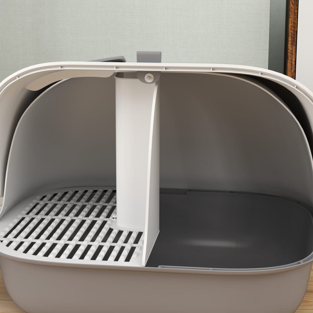 Hellgraue Katzentoilette mit Deckel und Sieb, für Katzen bis 3.5kg.